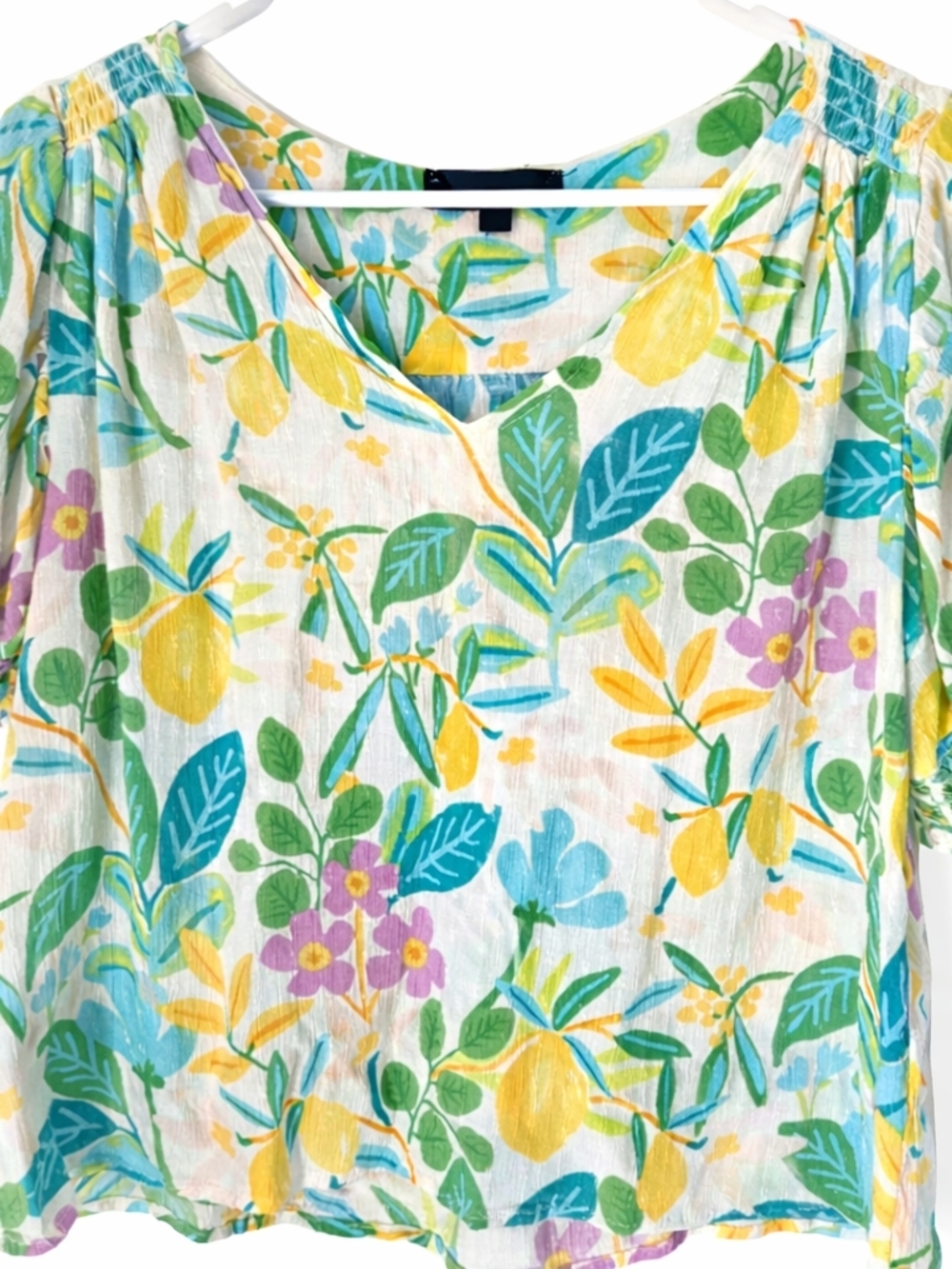 Vibrant Lemon & Floral Peasant Blouse – Women’s Medium